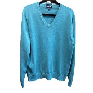 Lands End Mens 100% Supima Cotton teal blue V-Neck Sweater Size Large